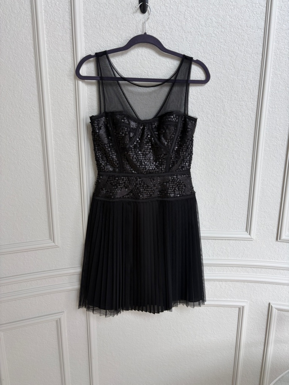 BCBGMaxAzria Black Sequin Mesh Pleated Mini Dress